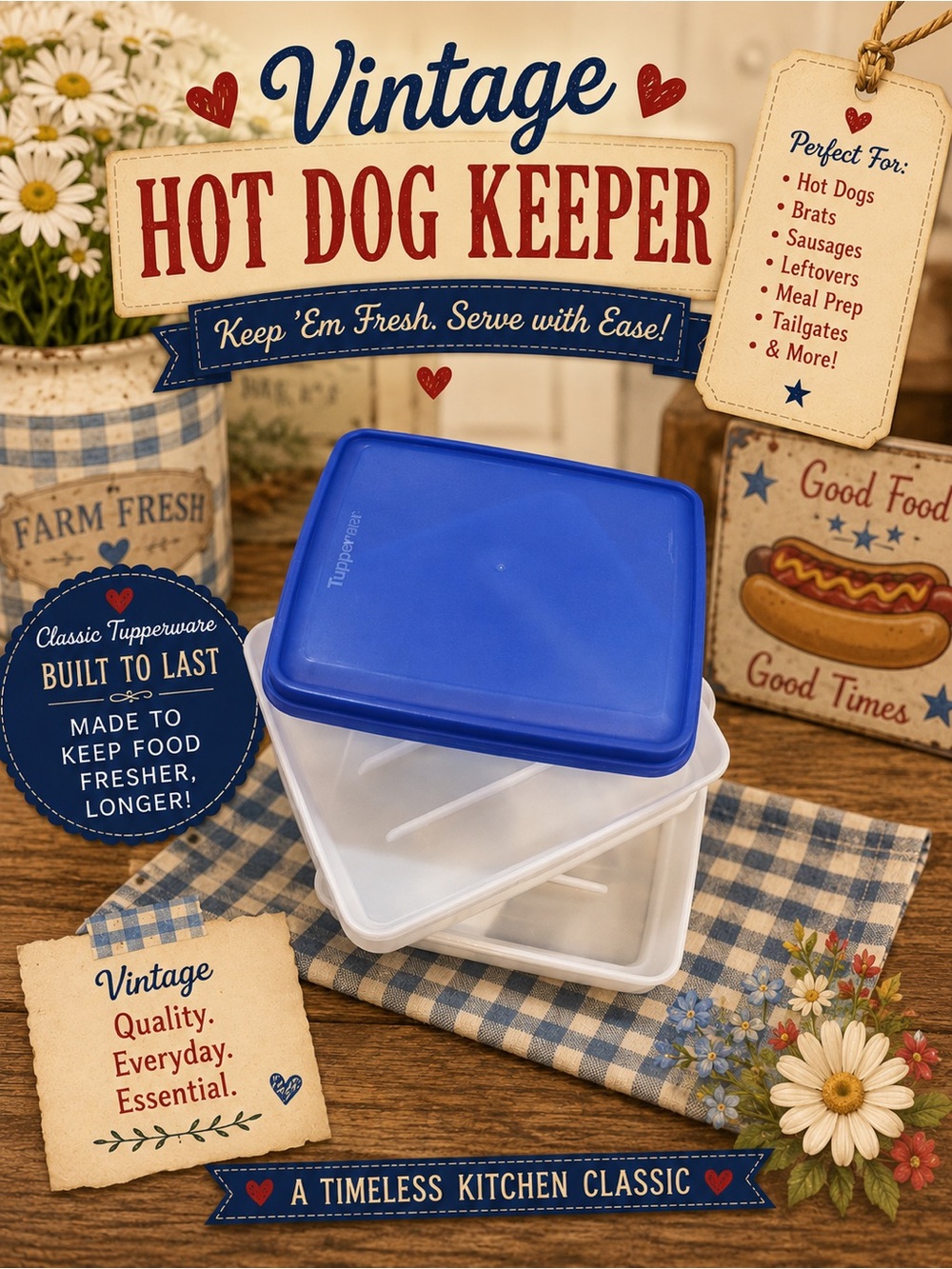 Tupperware Hot Dog Keeper with Blue Lid and Clear Base